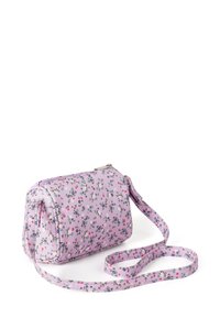 Borsa a motivo floreale in tessuto viola pastello con chiusura a zip. Presenta una lunga e sottile tracolla e bordi arrotondati per un design compatto.