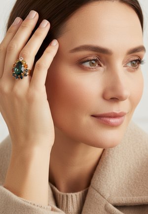 Anneau en or ornée d'une grande pierre verte en forme de poire entourée de plus petites pierres multicolores. Porté à une main touchant le visage.