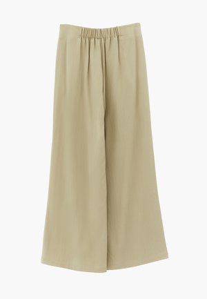 Pantaloni beige a gamba larga con vita elastica e tessuto morbido, progettati per una vestibilità ampia e confortevole.
