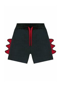 Schwarze Shorts mit einem elastischen Bund, roten Kordeln und roten, gewellten Akzenten an den Seiten. Weicher Stoff, lässiges Design.