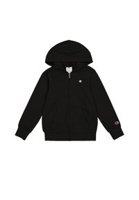 Felpa nera con zip realizzata in tessuto morbido, dotata di cappuccio, due tasche frontali e un piccolo logo ricamato sul petto sinistro e sulla manica.