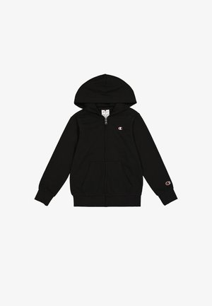 Black zip-up hoodie made of soft fabric, featuring a hood, two front pockets, and a small embroidered logo on the left chest and sleeve.