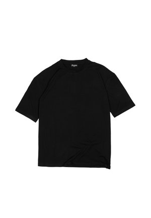 Zwarte korte mouwen t-shirt van zacht materiaal, met een ronde hals en een relaxte pasvorm. Glad textuur zonder zichtbare patronen of accenten.