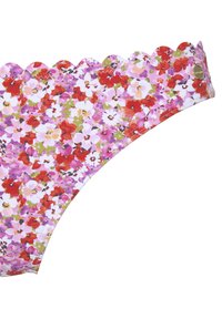 Bas de bikini floral avec une taille en dentelle, arborant un motif coloré de fleurs roses, rouges et vertes sur fond blanc.