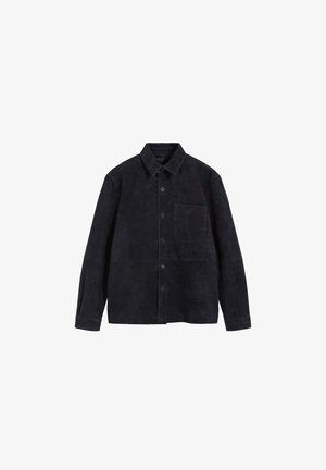 Black suede long-sleeve button-up shirt with a chest pocket and pointed collar, laid flat on a white background.