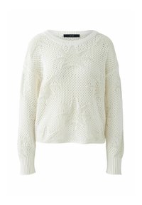 Weißer, gestrickter Pullover in lockerer Passform mit einem strukturierten Sternenmuster, gerippten Bündchen und einem weit geschnittenen Rundhalsausschnitt.