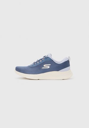 Blue athletic sneaker with white sole and laces, showing side profile with Skechers logo on a plain white background.
