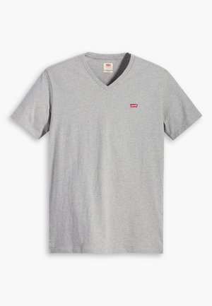 Tricou gri din bumbac, cu decolteu în V, cu mâneci scurte și un mic logo roșu Levi's pe piept. Textură moale și o croială clasică.