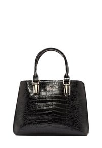 Sac en cuir noir embossé crocodile avec deux poignées courtes, accents métalliques et un design structuré présentant un logo à l'avant.