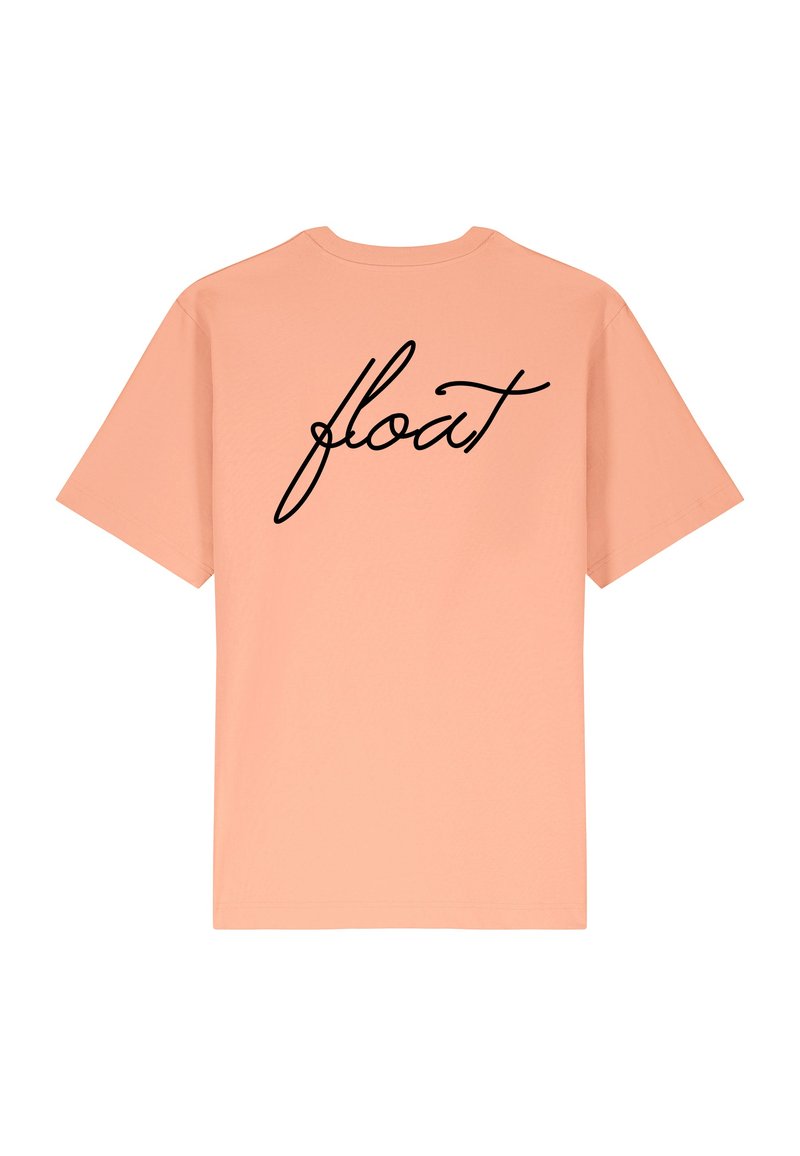 T-shirt di cotone color pesca con maniche corte e una grande scritta in corsivo nero "float" sulla schiena.