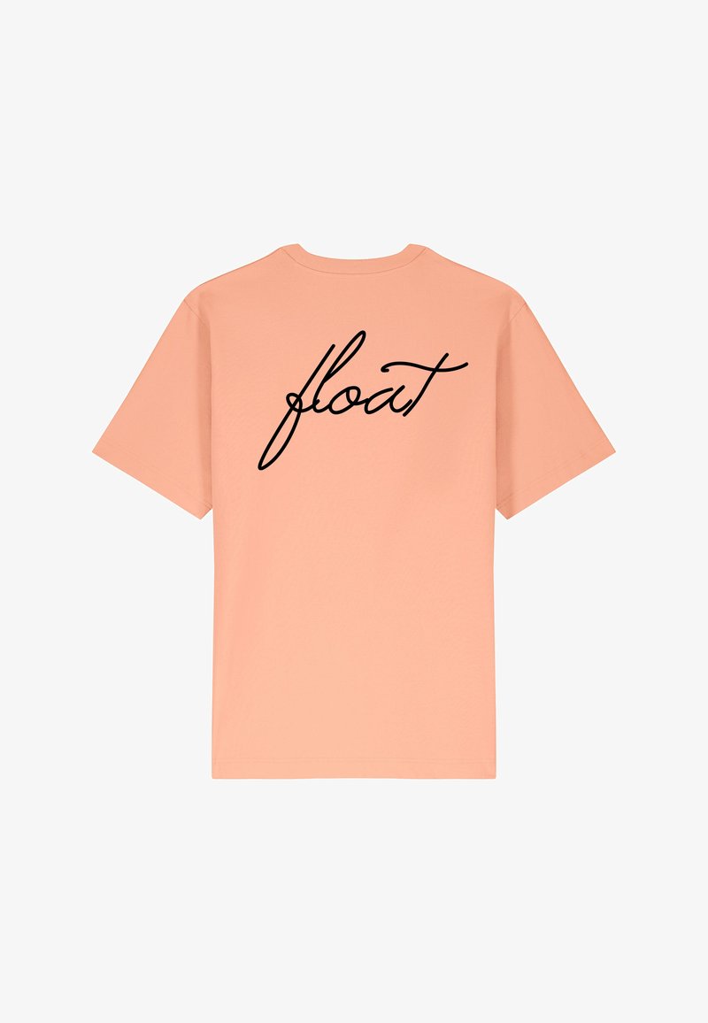 Perzikkleurig katoenen T-shirt met korte mouwen en een grote zwarte cursieve tekst met de tekst "float" op de achterkant.