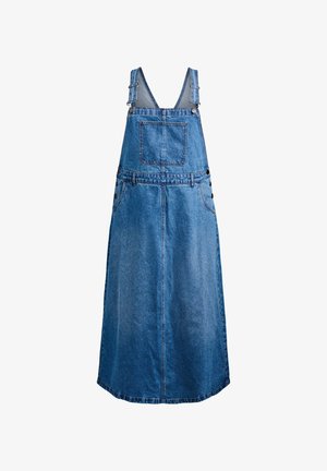 Denim ülevalt vabaaja kleit, millel on reguleeritavad õlapaelad, eesmine tasku, külgmised nupud ja lõtv istuvus. Värv: pleekinud sinine. Pikkus: pikk.