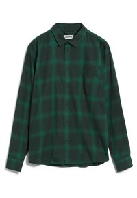 Camicia a maniche lunghe a quadri verde scuro e nera con colletto e taschino sul petto, stesa su sfondo bianco.