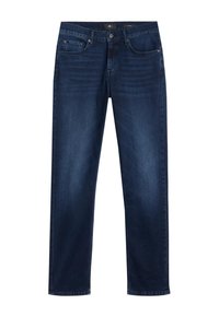 Granatowe dżinsy denimowe o prostych nogawkach, wyposażone w tradycyjny fason z pięcioma kieszeniami i zapięciem na guzik w talii.