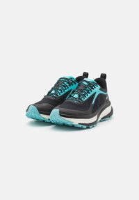 Black and turquoise trail shoes with a textured upper, robust rubber sole, and cushioned midsole, featuring a lace-up design and pull tab.