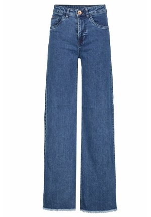 Jean en denim bleu taille haute avec jambes larges, poches avant, fermeture par boutons et ourlets effilochés en bas.