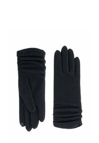 Gants noirs en tissu doux, dotés d'un détail froncé au niveau des poignets et d'un design à cinq doigts. Texturé lisse avec une apparence élégante.