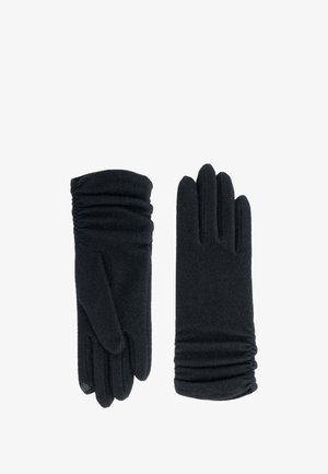 Gants noirs en tissu doux, dotés d'un détail froncé au niveau des poignets et d'un design à cinq doigts. Texturé lisse avec une apparence élégante.