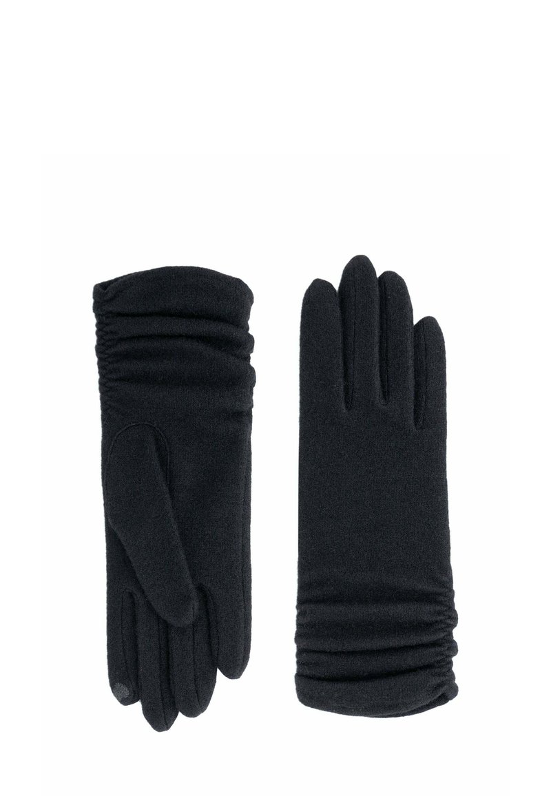 Gants noirs en tissu doux, dotés d'un détail froncé au niveau des poignets et d'un design à cinq doigts. Texturé lisse avec une apparence élégante.