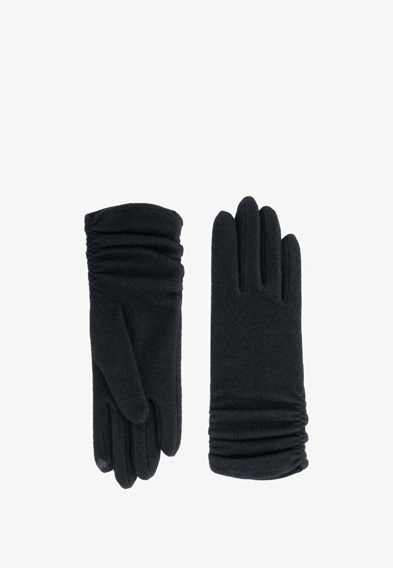 Gants noirs en tissu doux, dotés d'un détail froncé au niveau des poignets et d'un design à cinq doigts. Texturé lisse avec une apparence élégante.