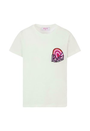 T-shirt en coton blanc avec un logo brodé multicolore sur la poitrine gauche. Manches courtes et col rond.