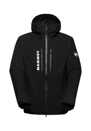 Giacca nera impermeabile con cappuccio, due tasche anteriori con zip, polsini elasticizzati e un prominente logo bianco "MAMMUT" sul davanti.