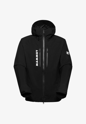 Schwarze wasserdichte Jacke mit Kapuze, zwei mit Reißverschluss versehenen Brusttaschen, elastischen Ärmelbündchen und einem auffälligen weißen "MAMMUT"-Logo auf der Vorderseite.