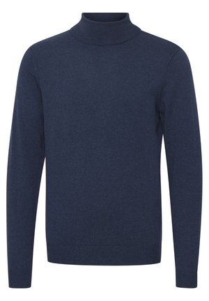 Marinblå polotröja i mjukt stickat tyg, med långa ärmar och ribbad krage och nederkant. Enkel, enfärgad design.