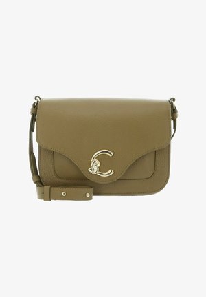 Sac bandoulière en cuir vert olive avec rabat incurvé et fermoir logo "C" doré, sangle ajustable avec boucle.