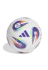 Palla da calcio Adidas UEFA Euro 2022, bianca con motivi colorati, superficie testurizzata, con loghi e design geometrici.