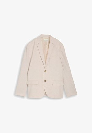 Blazer beige pour homme avec revers crantés, deux boutons marron, poches à rabat et poche poitrine, posé à plat sur fond blanc.