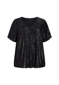 Svart kortärmad topp med V-ringning, täckt av glittrande paljetter för en strukturerad look. Lätt och löst sittande material.