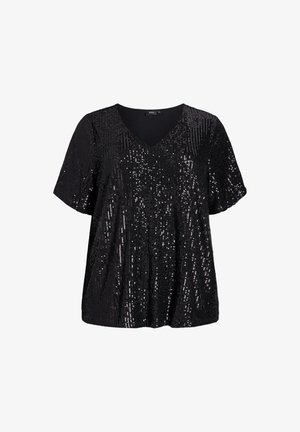 Sort kortærmet top med V-udskæring, dækket af glitrende pailletter for en tekstureret udseende. Løs pasform og letvægtsstof.
