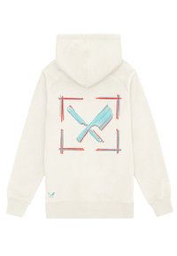 Cremefarbener Hoodie mit einem grafischen Design von zwei sich kreuzenden Messern in Blau und Rot innerhalb eines quadratischen Rahmens. Strukturierter Stoff mit Kapuze und Kordelzug.
