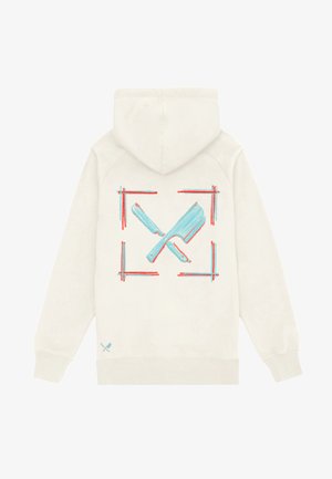 Cremefarbener Hoodie mit einem grafischen Design von zwei sich kreuzenden Messern in Blau und Rot innerhalb eines quadratischen Rahmens. Strukturierter Stoff mit Kapuze und Kordelzug.