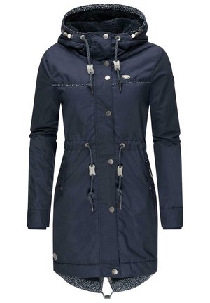Donkerblauwe parka met een capuchon, voorzien van trekkoorden, zilveren hardware, borst- en zijzakken, en een gemusterde binnenvoering.