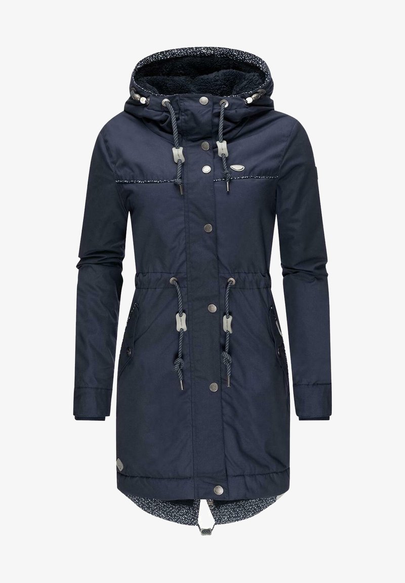 Marinblå parka med huva, som har dragsko, silverdetaljer, bröstfickor och sidfickor samt ett mönstrat foder.