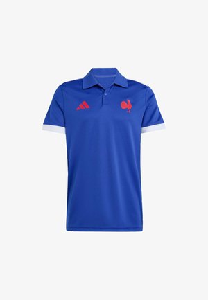 Blauw poloshirt gemaakt van lichtgewicht stof met een effen textuur. Voorzien van rode accenten, een haanlogo en een ontwerp met drie strepen op de schouders.