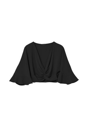 Top noir cropped avec un décolleté en V profond, détail de nœud à l'avant et manches évasées. Fabriqué dans un tissu lisse et léger.