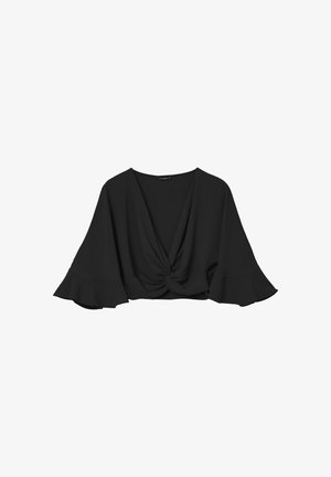Top noir cropped avec un décolleté en V profond, détail de nœud à l'avant et manches évasées. Fabriqué dans un tissu lisse et léger.