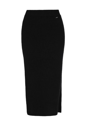 Zwarte geribbelde midi-rok met een aansluitende tailleband en een zijsplit. Gemaakt van zacht, elastisch materiaal voor comfort en bewegingsgemak.