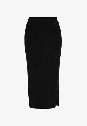 Black ribbed midi skirt with a fitted waistband and a side slit. Made from soft, stretchy material for comfort and ease of movement.