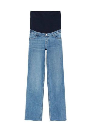 Jeans in denim blu con una vestibilità a gamba larga, caratterizzati da una cintura in jersey nera, cinque tasche e un design a vita media. Tessuto liscio, senza motivi.