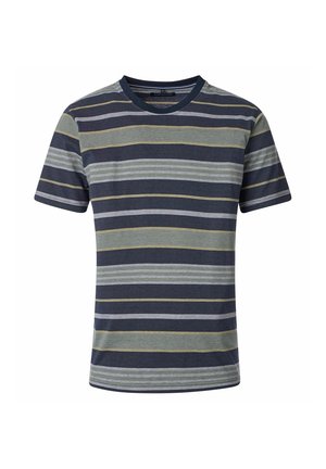 Kurzärmeliges T-Shirt mit Rundhalsausschnitt und horizontalen Streifen in Dunkelblau, Grau und Olivgrün auf weißem Hintergrund.