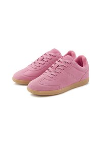 Pink suede sneakers with a smooth texture, rounded toe, cushioned collar, and gum rubber sole. Features classic lace-up design.