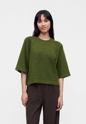 Jeune femme aux cheveux noirs et raides portant un pull vert à manches courtes ample et un pantalon marron foncé, debout devant un fond blanc.