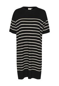 Randig t-shirtklänning gjord av mjukt tyg, med svarta och krämfärgade horisontella ränder, korta ärmar och rund halsringning.