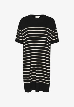 Robe t-shirt rayée en tissu doux, présentant des rayures horizontales noires et crème, des manches courtes et un col rond.