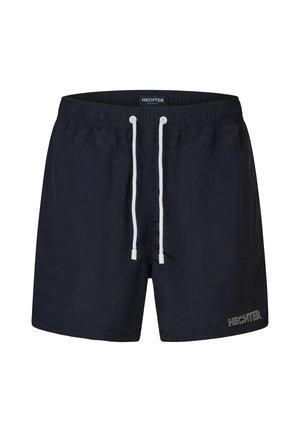 Marine zwembroek gemaakt van lichtgewicht materiaal, met een elastische tailleband en witte trekkoorden, en een klein logo-detail.