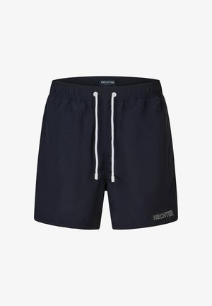 Navy Schwimmshorts aus leichtem Material, mit einem elastischen Bund und weißen Kordeln sowie einem kleinen Logo-Detail.